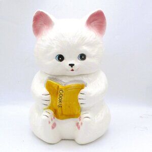 VTg Ceramic White Kitten Cookie Jar Yellow Book Adorable Cute  11” Tall   k